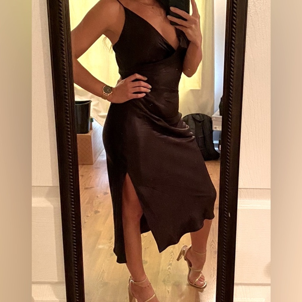 Zara Satin Slip Midi Dress with Ruched Waist & Slit in Black, Size M